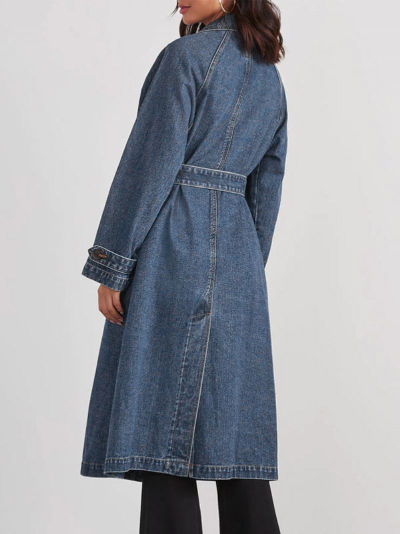 Longline Denim Coat Double Breast Belted Yttertøy For Kvinner - Blå