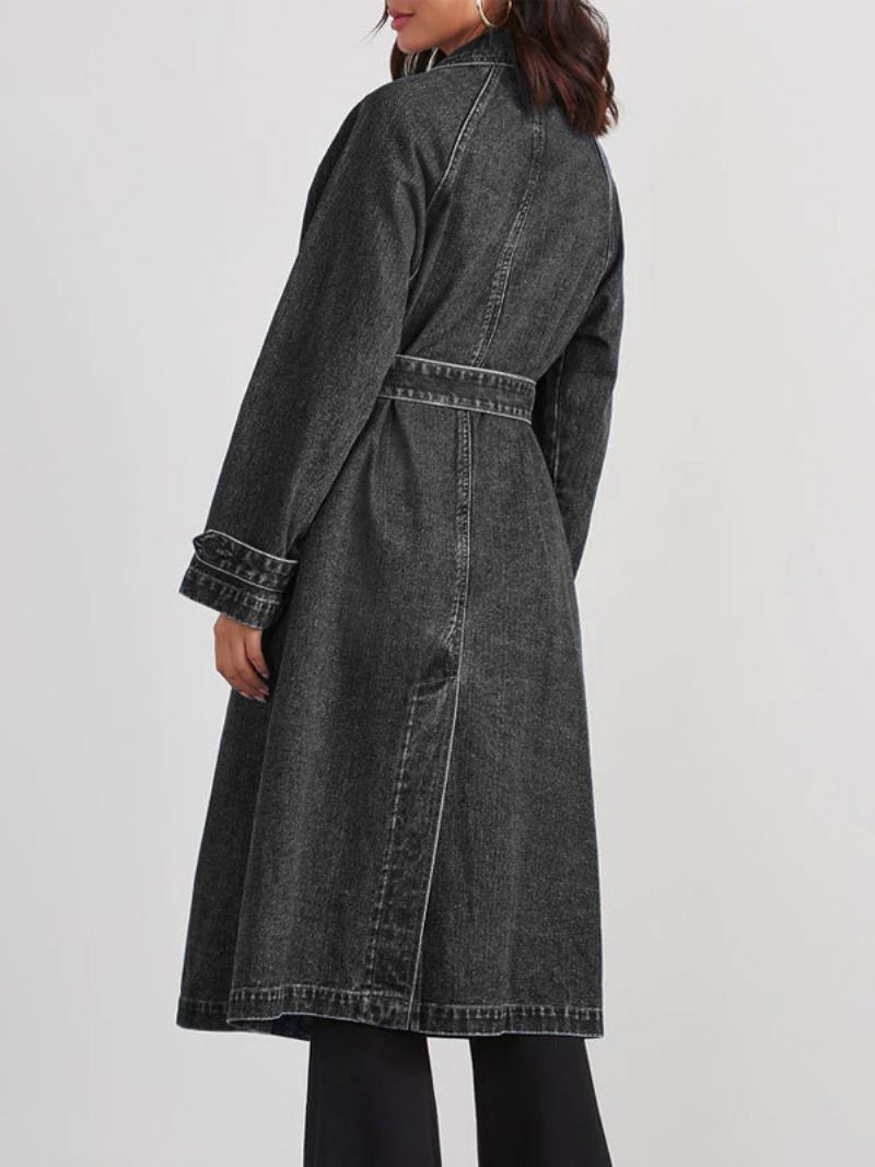 Longline Denim Coat Double Breast Belted Yttertøy For Kvinner - Sort