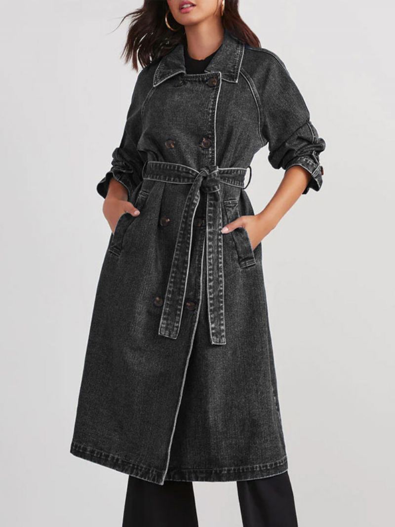 Longline Denim Coat Double Breast Belted Yttertøy For Kvinner - Sort