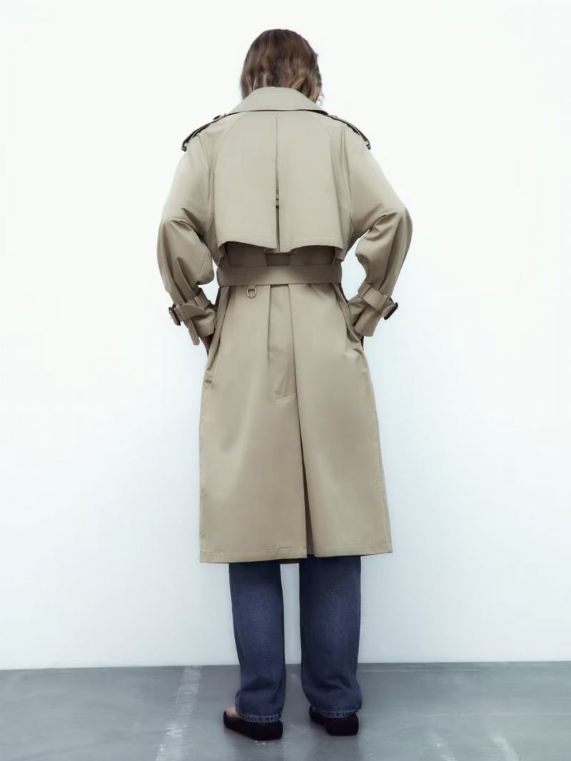 Trench Coat For Dame Khaki Turndown Krage Langermet Yttertøy - Kaki