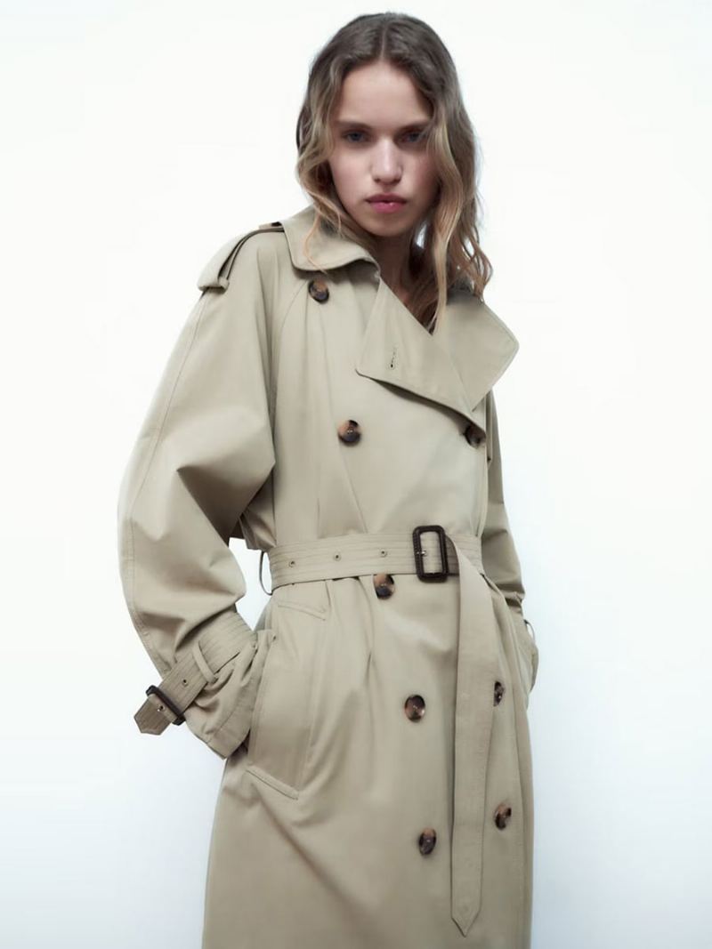 Trench Coat For Dame Khaki Turndown Krage Langermet Yttertøy - Kaki