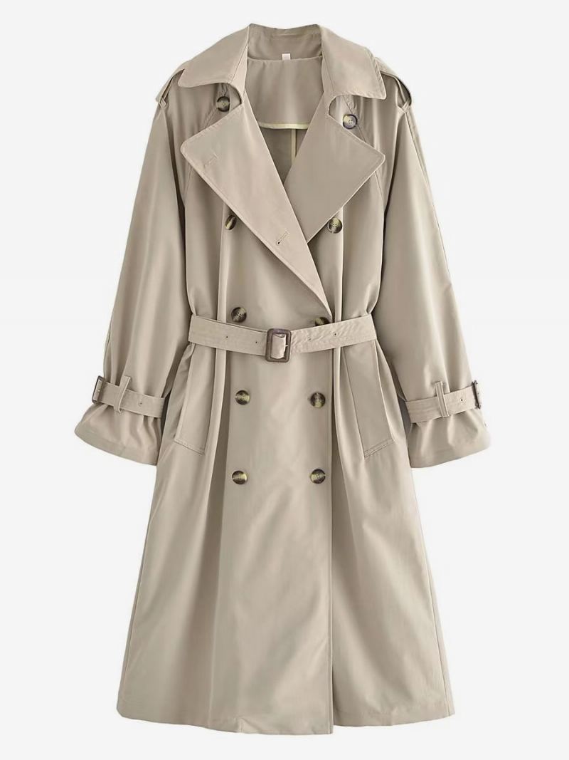 Trench Coat For Dame Khaki Turndown Krage Langermet Yttertøy - Kaki