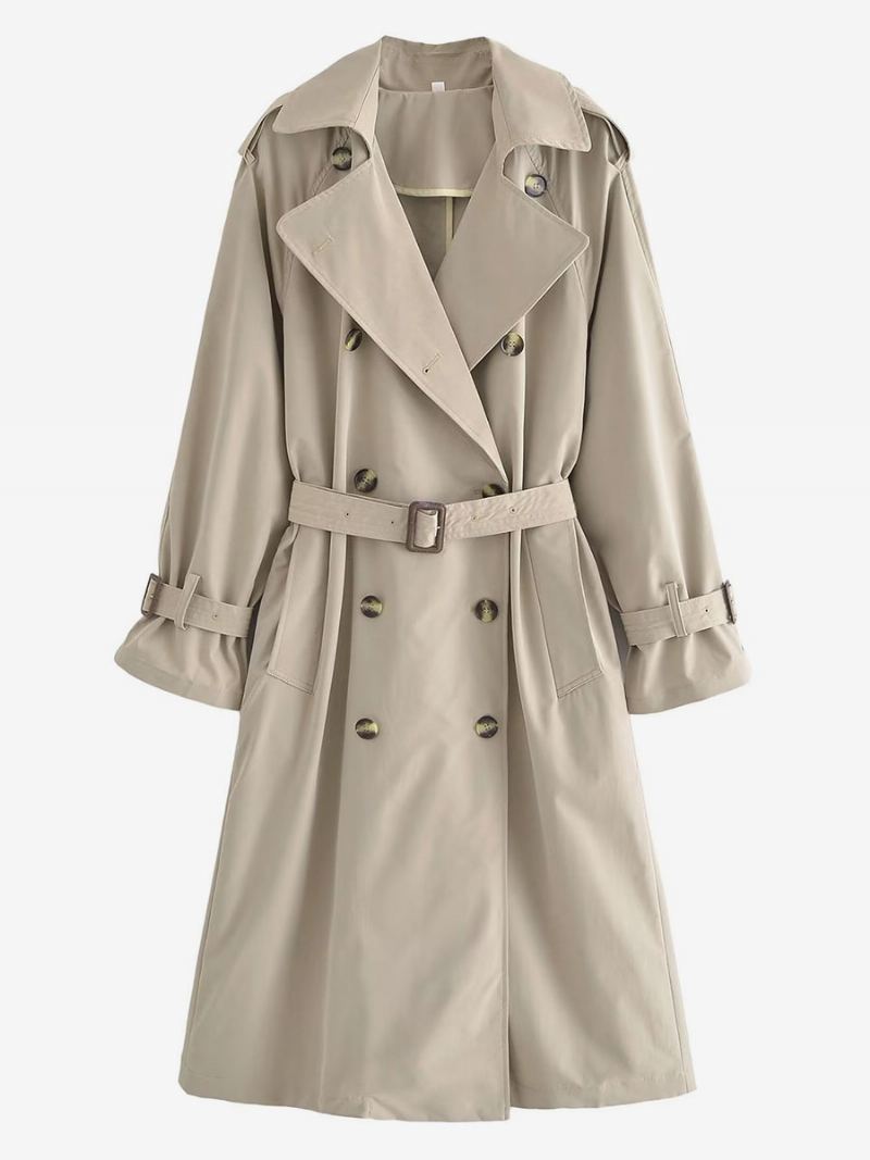 Trench Coat For Dame Khaki Turndown Krage Langermet Yttertøy - Kaki