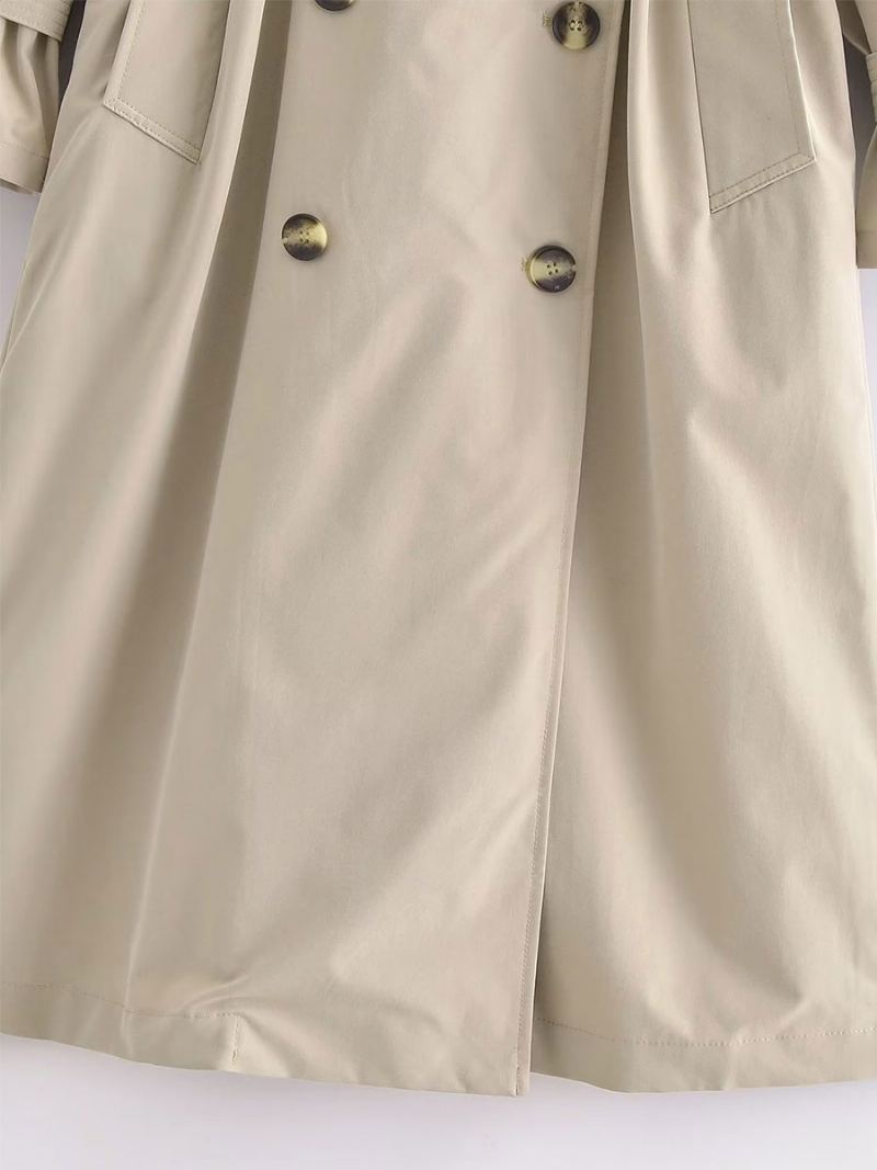 Trench Coat For Dame Khaki Turndown Krage Langermet Yttertøy - Kaki