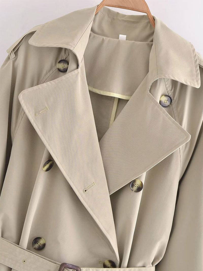 Trench Coat For Dame Khaki Turndown Krage Langermet Yttertøy - Kaki