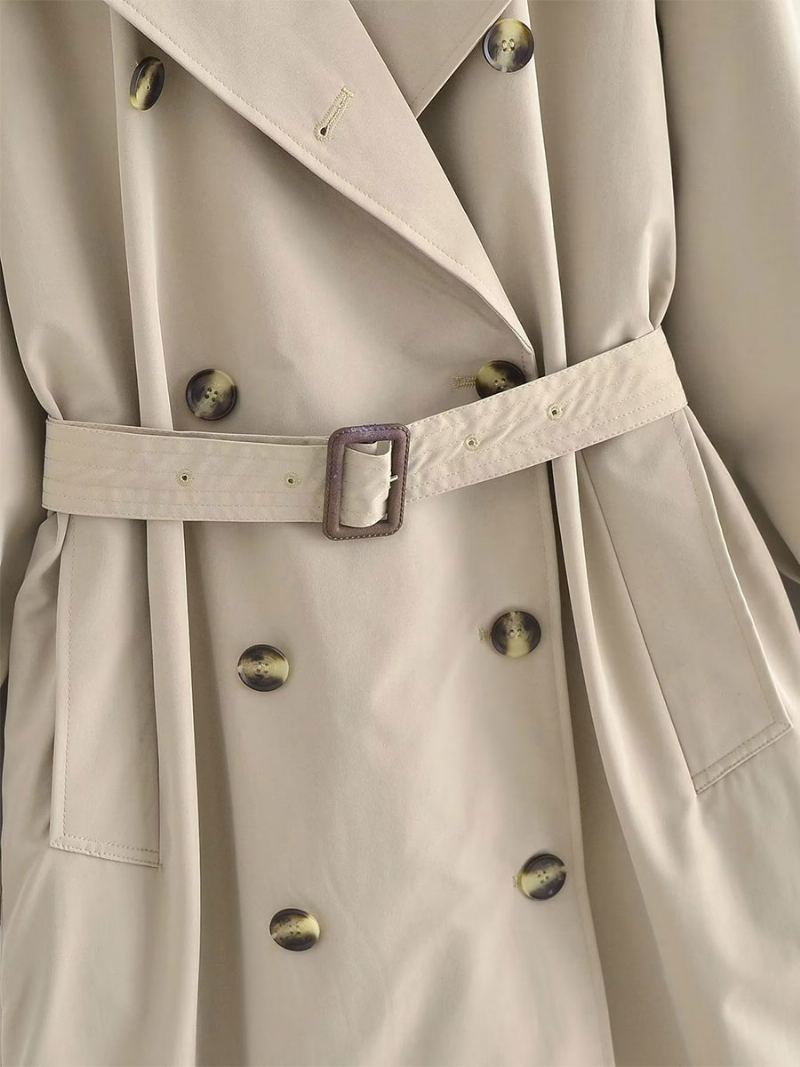 Trench Coat For Dame Khaki Turndown Krage Langermet Yttertøy - Kaki