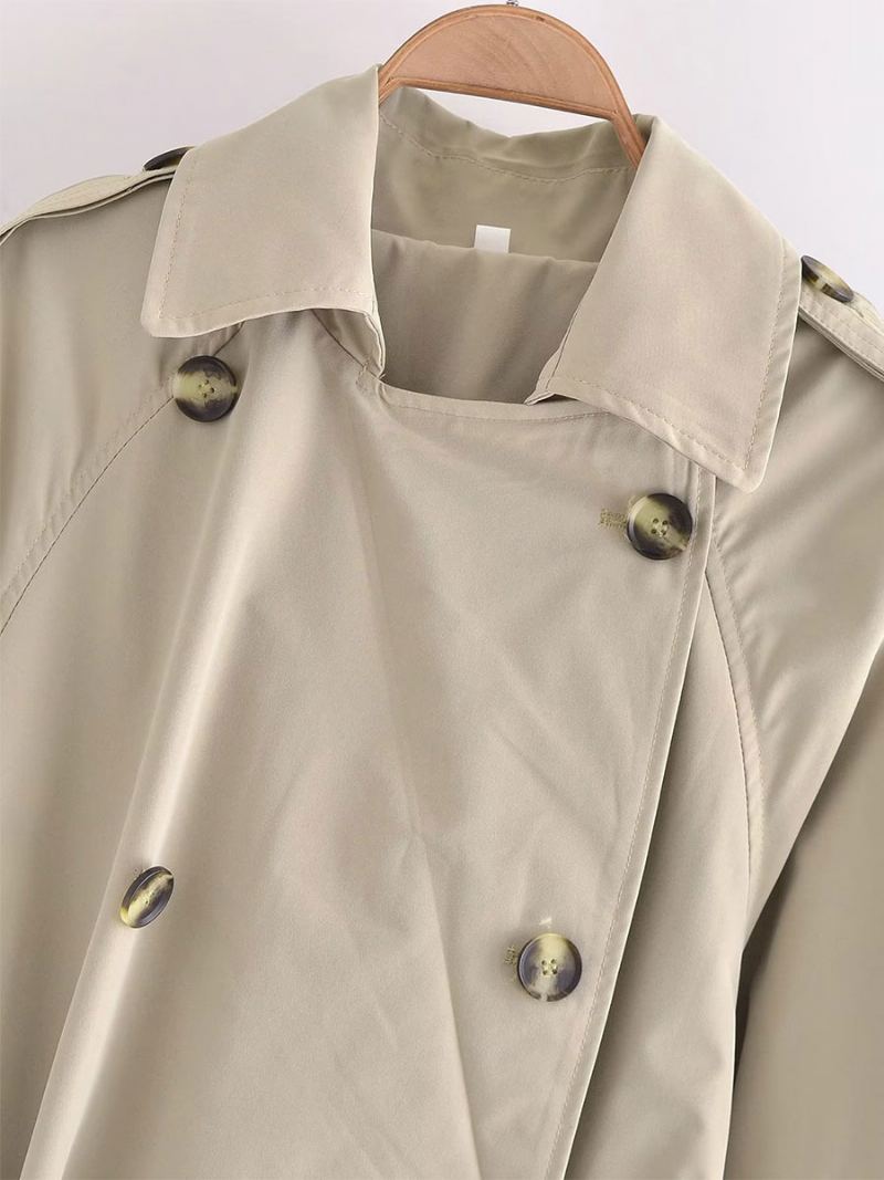 Trench Coat For Dame Khaki Turndown Krage Langermet Yttertøy - Kaki