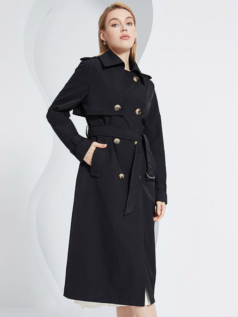 Trench Coat For Kvinner Lapel Double Breasted Chic Høst Vår Yttertøy - Sort