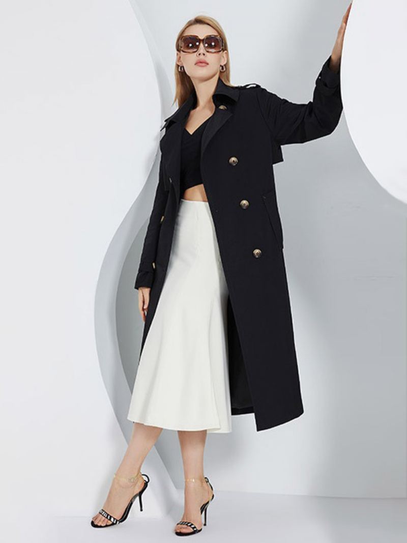 Trench Coat For Kvinner Lapel Double Breasted Chic Høst Vår Yttertøy - Sort