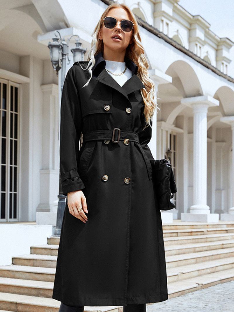 Trench Coat For Kvinner Lapel Double Breasted Chic Høst Vår Yttertøy - Sort