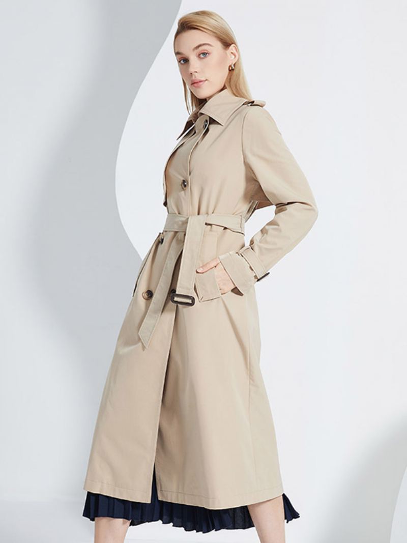 Trench Coat For Kvinner Lapel Double Breasted Chic Høst Vår Yttertøy - Khaki