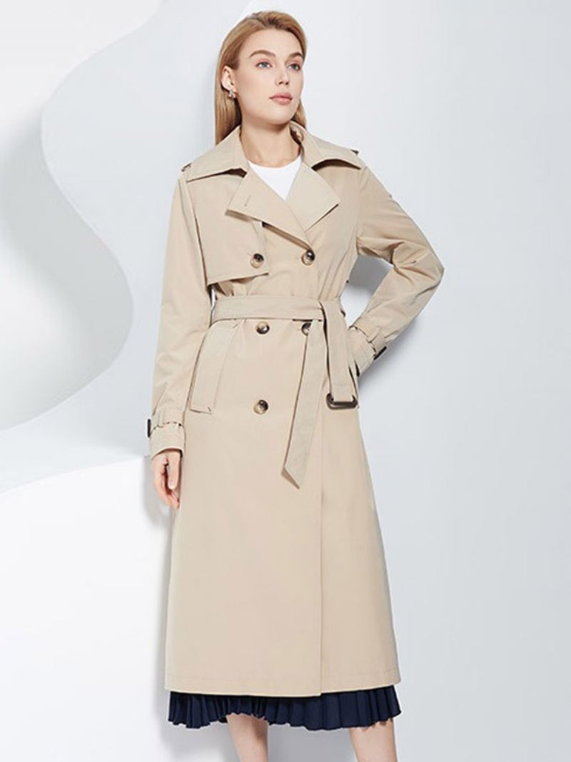 Trench Coat For Kvinner Lapel Double Breasted Chic Høst Vår Yttertøy - Khaki