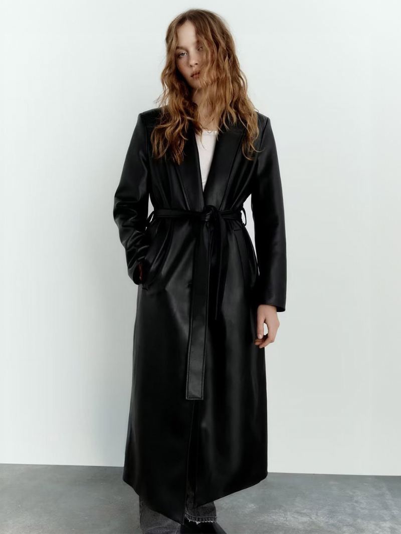 Trench Coat For Kvinner Mote Pu Skinn Turndown Krage Sash Lange Ermer