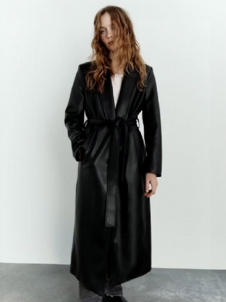 Trench Coat For Kvinner Mote Pu Skinn Turndown Krage Sash Lange Ermer