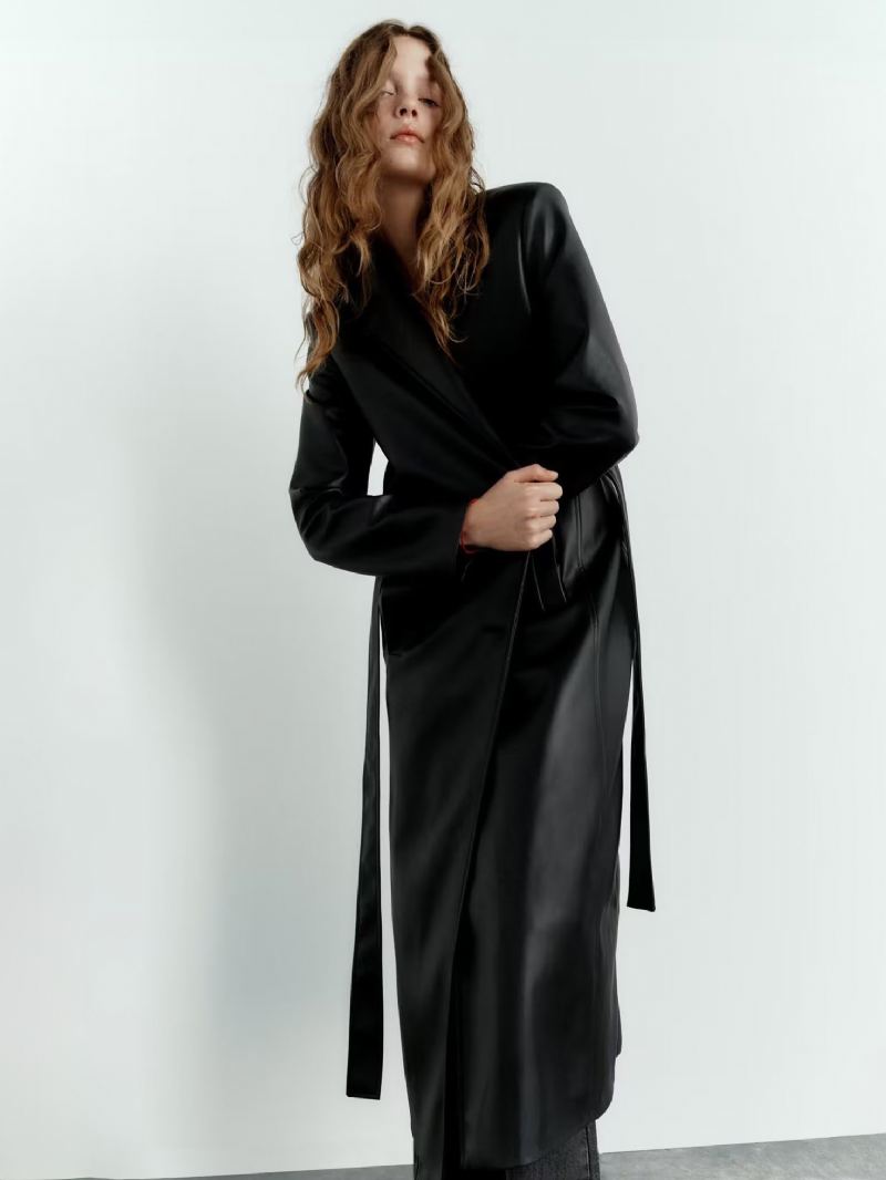 Trench Coat For Kvinner Mote Pu Skinn Turndown Krage Sash Lange Ermer - Svart