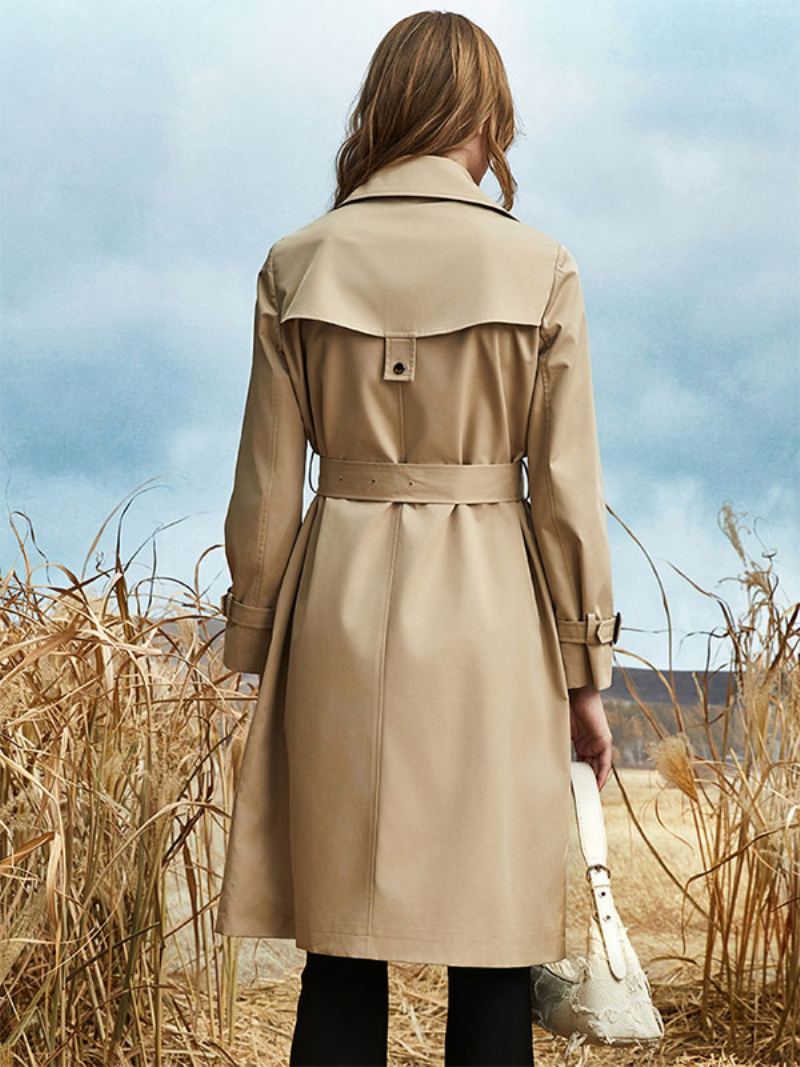 Trench Coat Turndown Krage Sash Langermet Klassisk Yttertøy For Kvinner - Khaki