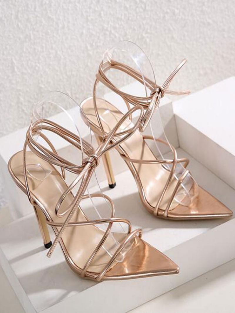 Dame Gull Strappy Hæler Lace Up Stiletthæl Sandaler Prom Sko - Gull