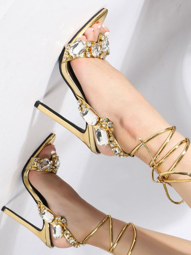 Dame Rhinestone Strappy Heels Sandaler - Gull