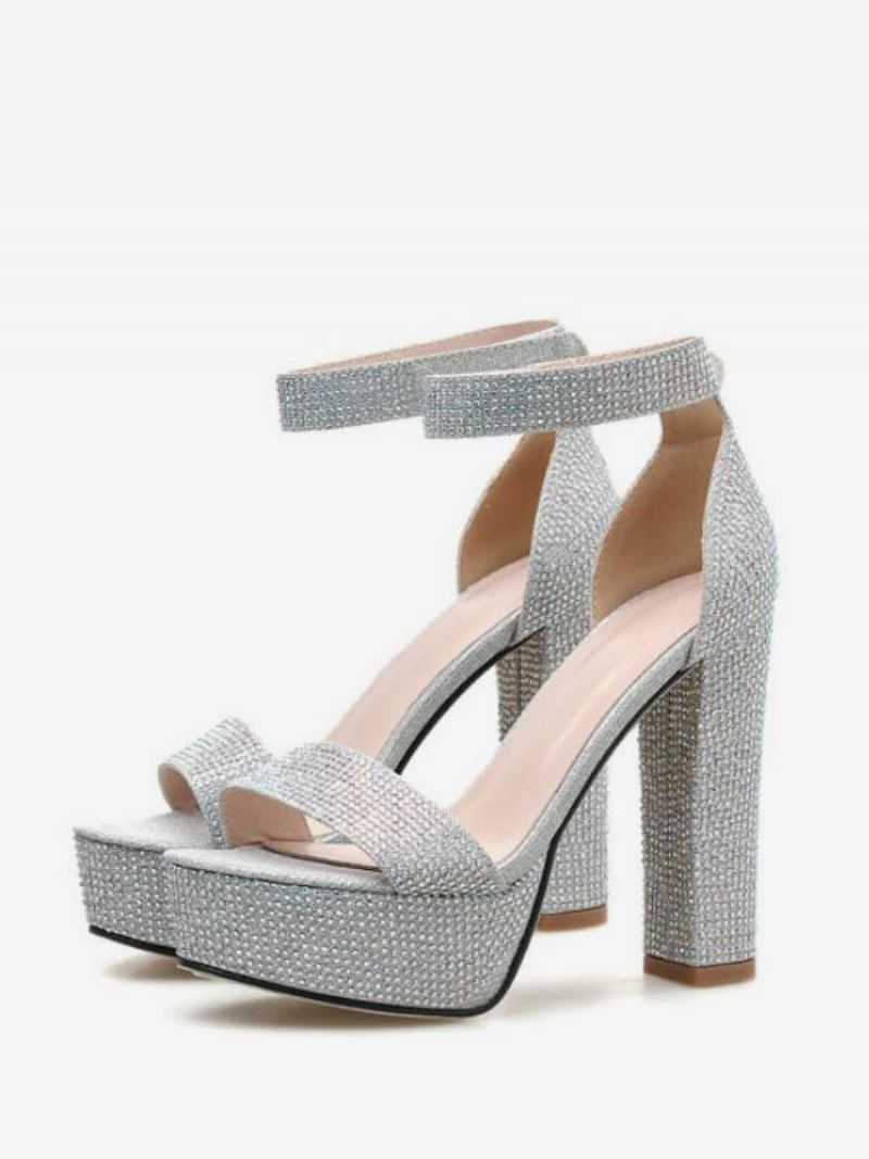 Dame Rhinestones Plattformsko Ankelstropp Chunky Heel Evening Sandaler I Sølv