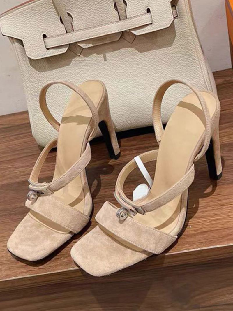 Dame Semsket Høyhæl Sandaler Firkantet Tåspenne Detalj Strappy Sandal Sko