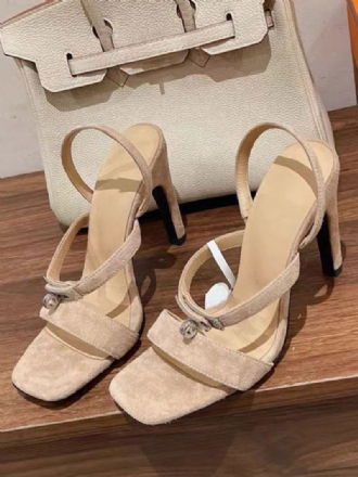 Dame Semsket Høyhæl Sandaler Firkantet Tåspenne Detalj Strappy Sandal Sko