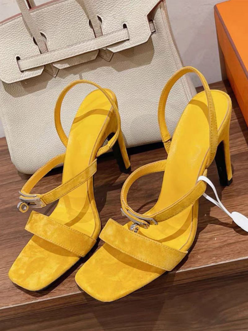 Dame Semsket Høyhæl Sandaler Firkantet Tåspenne Detalj Strappy Sandal Sko - Gul