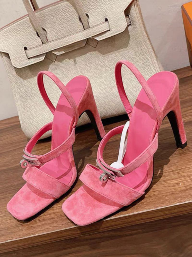 Dame Semsket Høyhæl Sandaler Firkantet Tåspenne Detalj Strappy Sandal Sko - Rose