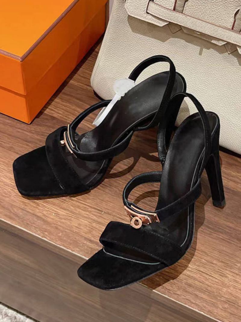 Dame Semsket Høyhæl Sandaler Firkantet Tåspenne Detalj Strappy Sandal Sko - Sort