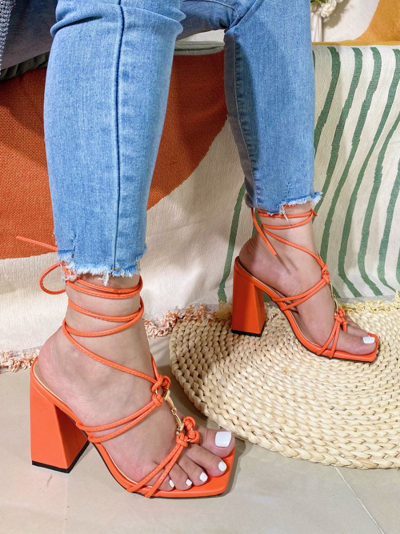 Damehælsandaler Firkantede Sandaler Chunky Heel Pu-skinn - Oransje