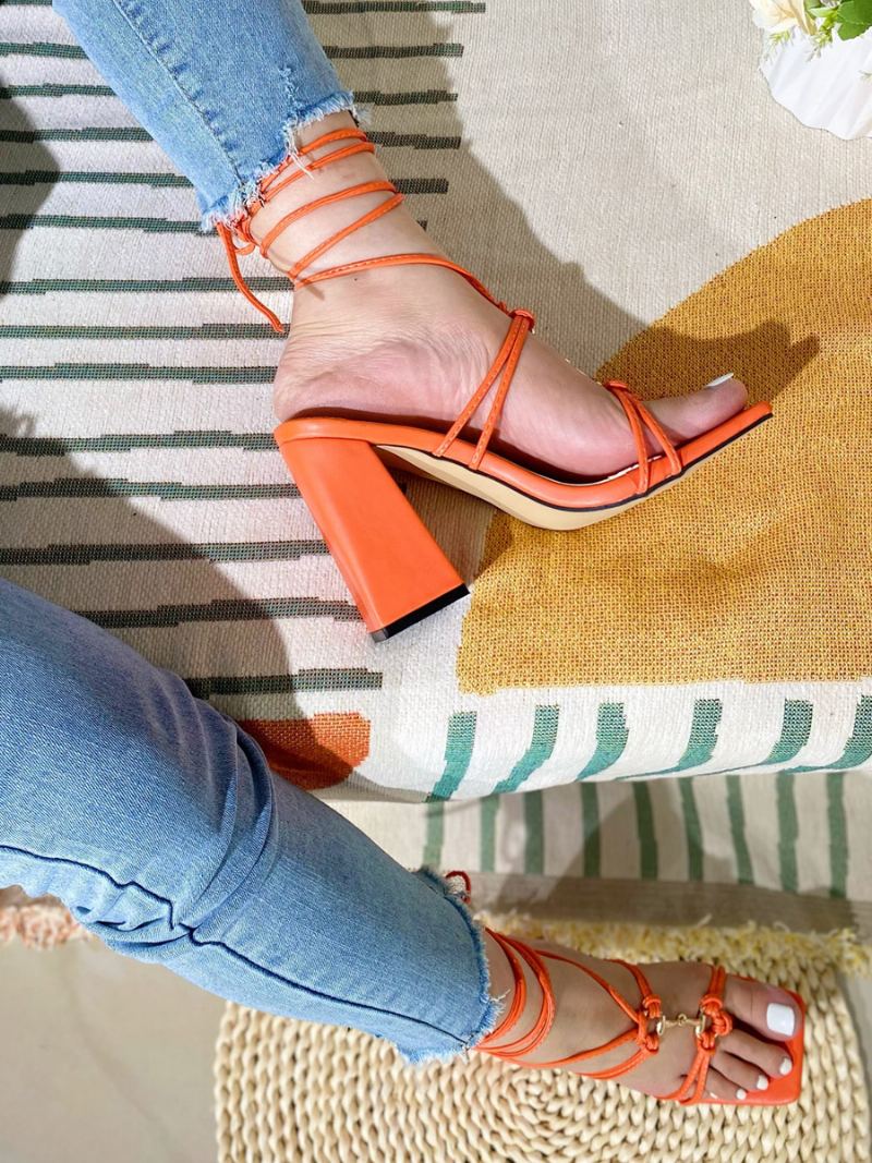 Damehælsandaler Firkantede Sandaler Chunky Heel Pu-skinn - Oransje