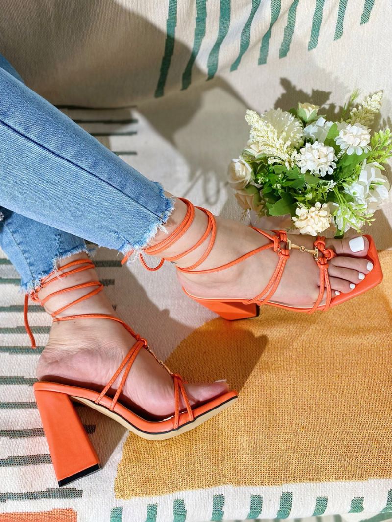 Damehælsandaler Firkantede Sandaler Chunky Heel Pu-skinn - Oransje