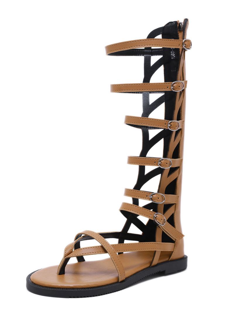 Damespenner Mid Caif Gladiator-sandaler I Svart Vegansk Skinn - Kaffe Brun