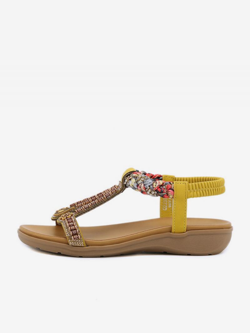 Flat Sandal For Kvinner Åpen Tå Pu-skinn Pigget T-reim Uformelle Tøflersandaler - Gul