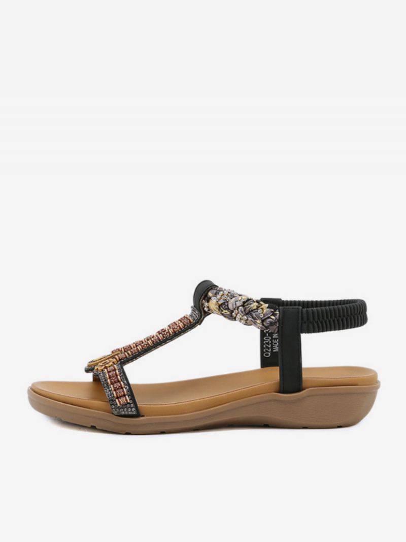 Flat Sandal For Kvinner Åpen Tå Pu-skinn Pigget T-reim Uformelle Tøflersandaler - Sort