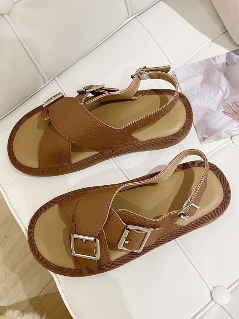 Flate Sandaler For Kvinner Hvit Spenne Criss Cross Flat Sandal Sko - Kaffe Brun