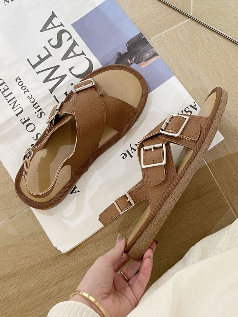 Flate Sandaler For Kvinner Hvit Spenne Criss Cross Flat Sandal Sko - Kaffe Brun