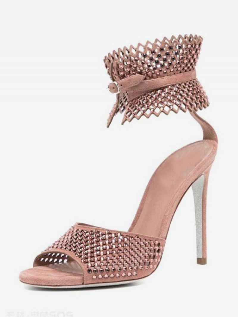 Høyhælte Damersandaler Rosa Peep Toe Rhinestones Cut Out Ballsko Ankelstropp Festsko - Rosa