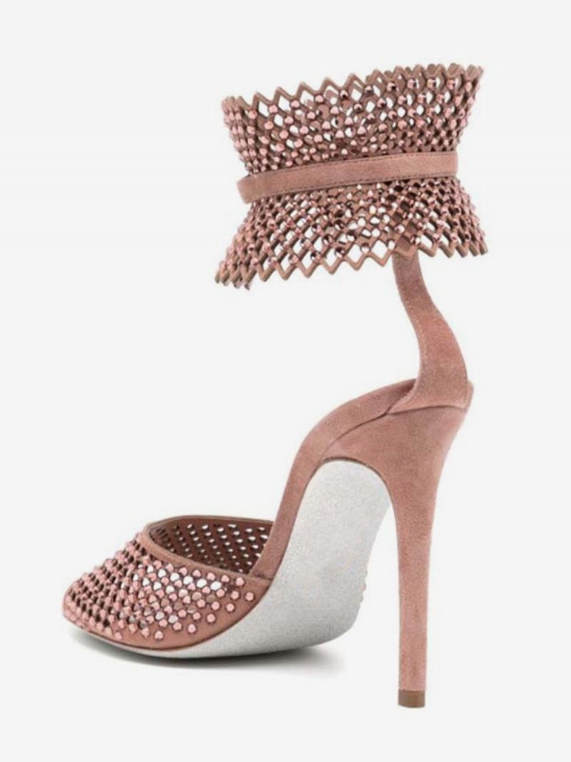 Høyhælte Damersandaler Rosa Peep Toe Rhinestones Cut Out Ballsko Ankelstropp Festsko - Rosa