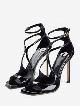 Høyhælte Sandaler For Kvinner Svart Patent Pu Øvre Peep Toe Strappy Prom Sko Little Heel Party