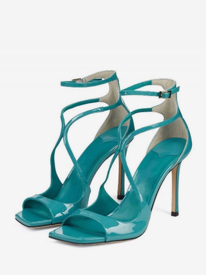 Høyhælte Sandaler For Kvinner Svart Patent Pu Øvre Peep Toe Strappy Prom Sko Little Heel Party - Blågrønn