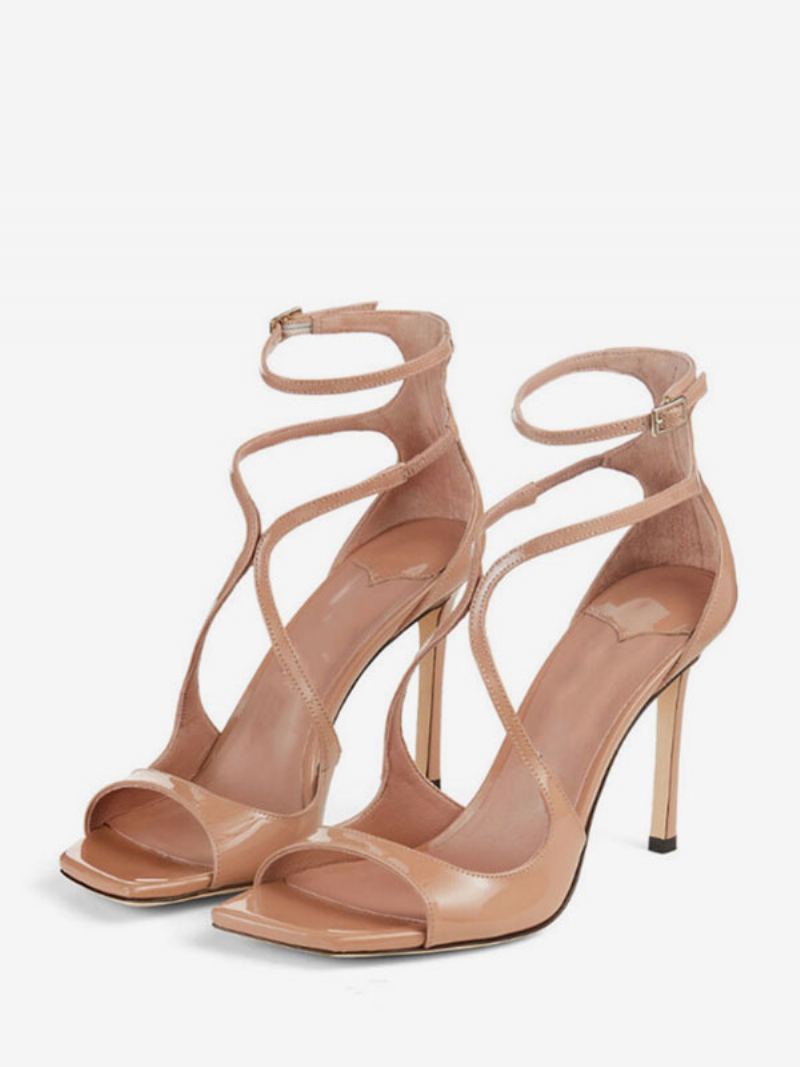 Høyhælte Sandaler For Kvinner Svart Patent Pu Øvre Peep Toe Strappy Prom Sko Little Heel Party - Gul / Rød