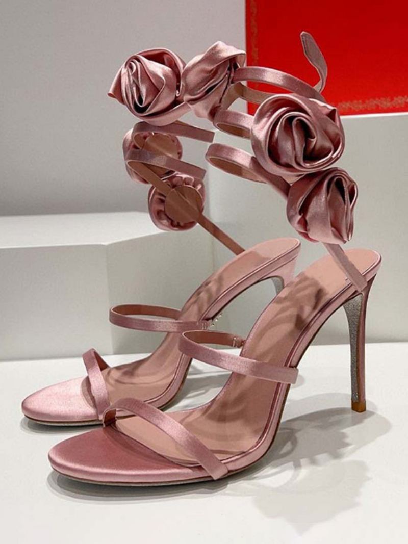 Kvinner Hælsandaler Satengsvart Åpen Tå Blomsterdetaljer Strappy Sandalsko - Rosa