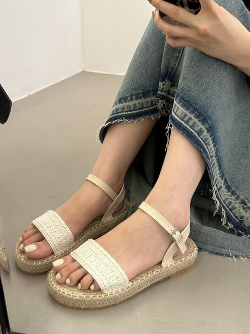 Kvinners Hekle Flat Sandaler Strikke Ull Åpen Tå - Beige