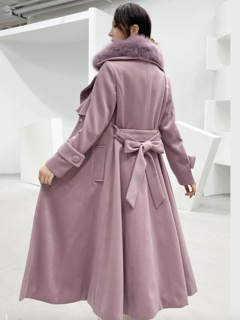 Dame Maxi Coat Faux Fur Krage Vinterull 2024 - Lilla