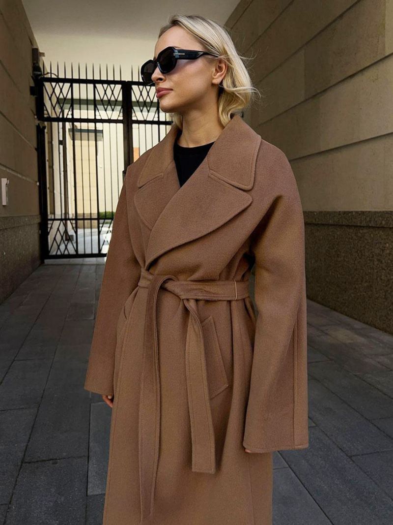 Dame Wrap Trench Coat Lanched Lapel Skrålommer Klassisk Vinter Yttertøy - Kaffebrun