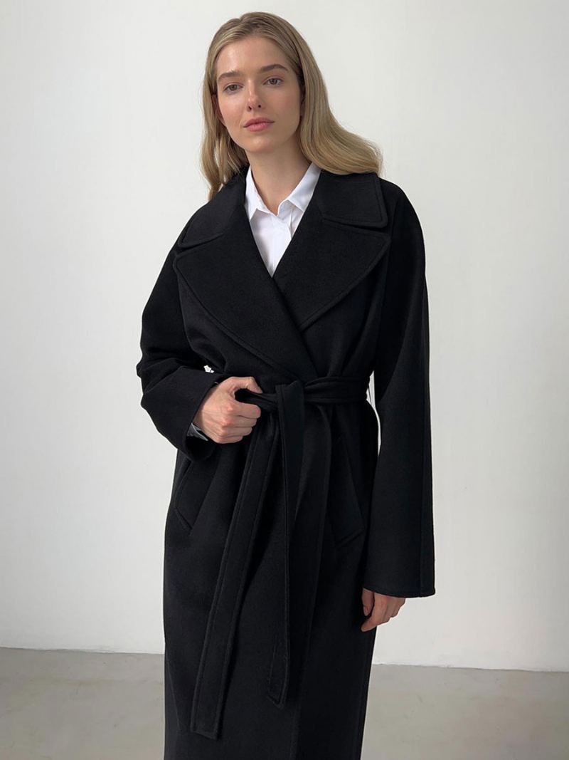 Dame Wrap Trench Coat Lanched Lapel Skrålommer Klassisk Vinter Yttertøy - Sort