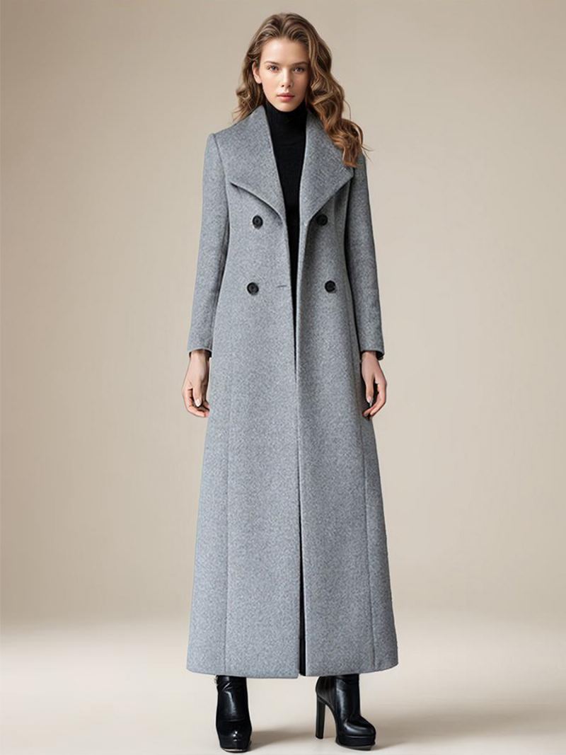 Frakk For Dame Turndown Krageknapper Retro Grå Wrap Coat