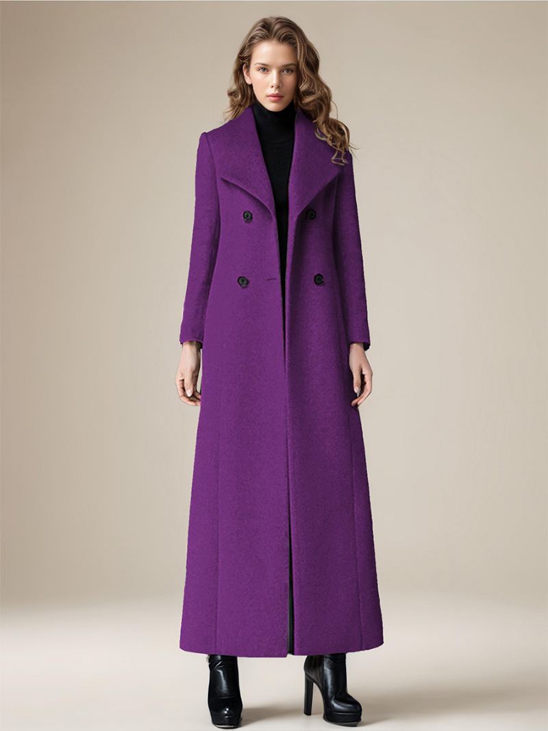 Frakk For Dame Turndown Krageknapper Retro Grå Wrap Coat - Lilla