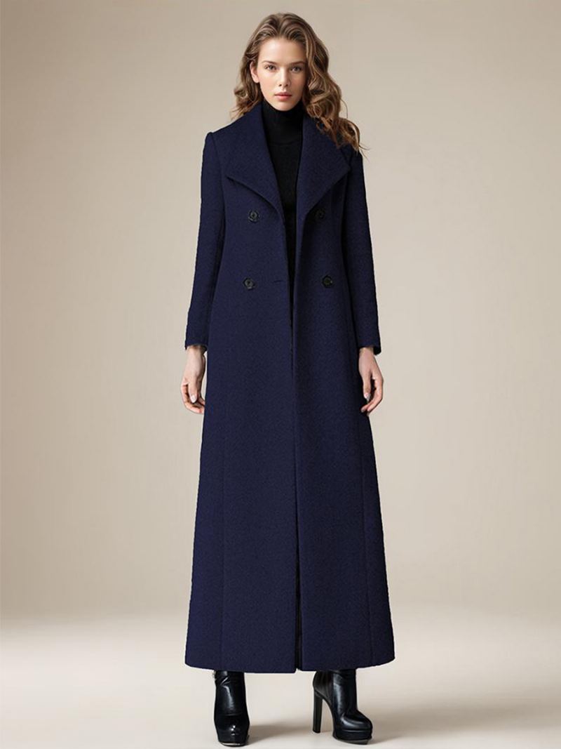 Frakk For Dame Turndown Krageknapper Retro Grå Wrap Coat - Mørk Navy