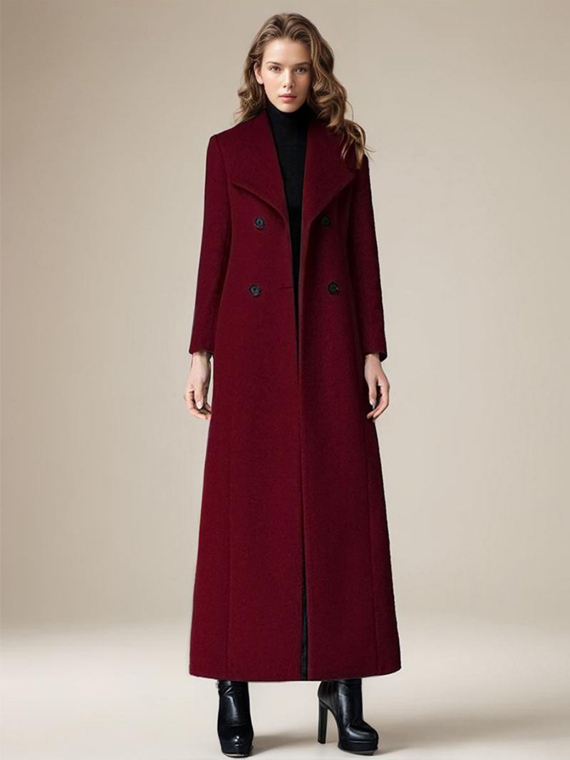 Frakk For Dame Turndown Krageknapper Retro Grå Wrap Coat - Burgunder